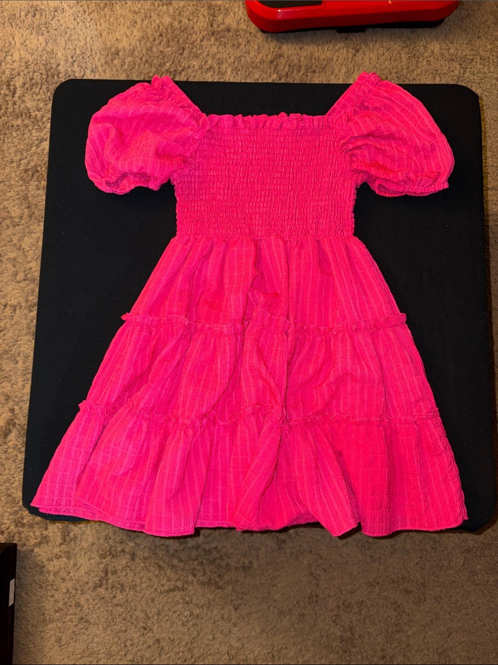 SHEIN Hot Pink Smocked Puff-Sleeve Tiered Dress